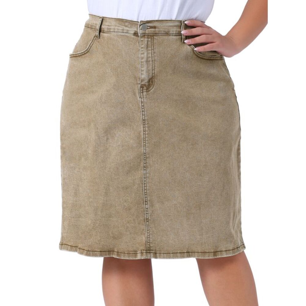 Plus Size Summer Elastic Waist Back Vent Jean Skirts Khaki